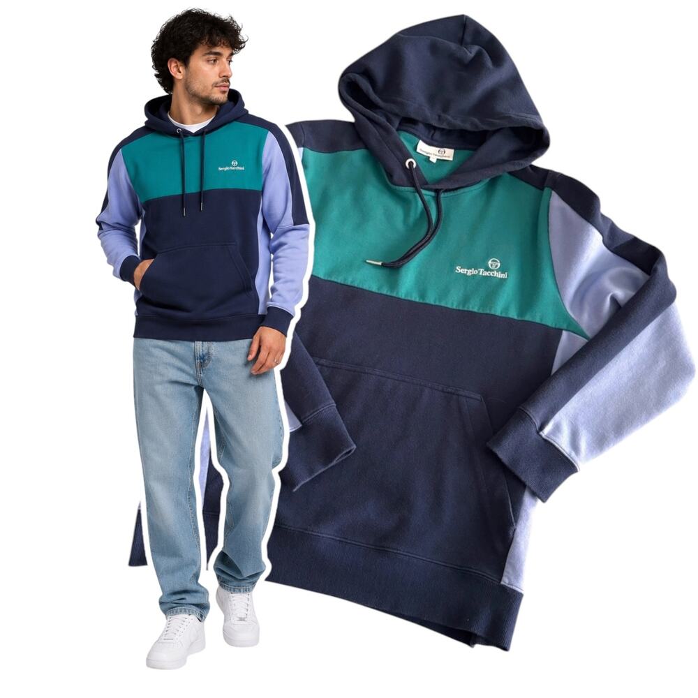 Sergio Tacchini Mens Mosaic Hoodie Size M Hooded Sweatshirt Green Blue Pullover